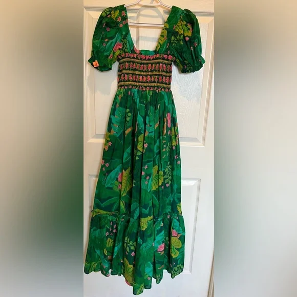 Farm Rio for Anthropologie Green Tropical Smocked Puff Sleeve Maxi Dress XXS - Picture 2 of 11